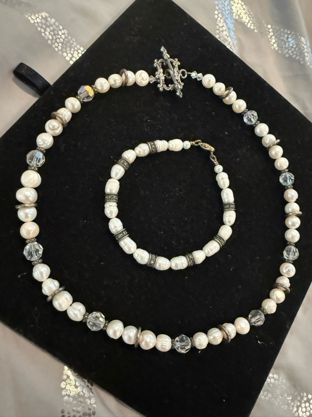 Classic White Pearl and Crystal Necklace & Bracelet Set with real Pearl beads